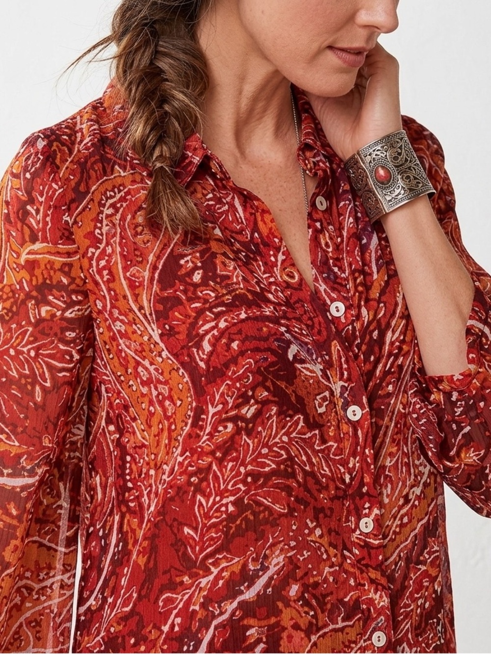 Soft Surroundings Women’s Red Fall Boho Cheyla Paisley Print Tunic Top Size XL